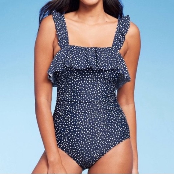 NWT! Kona Sol Navy Ruched Front Full Coverage One Piece Swimsuit L - Picture 1 of 8